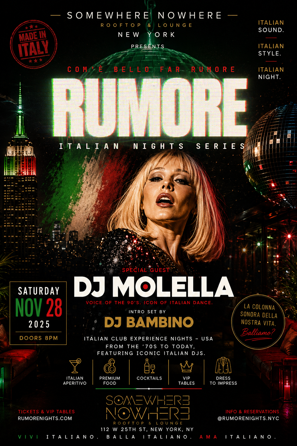 Rumore Nights New York City flyer — DJ Molella at Somewhere Nowhere rooftop, Nov 28 2026