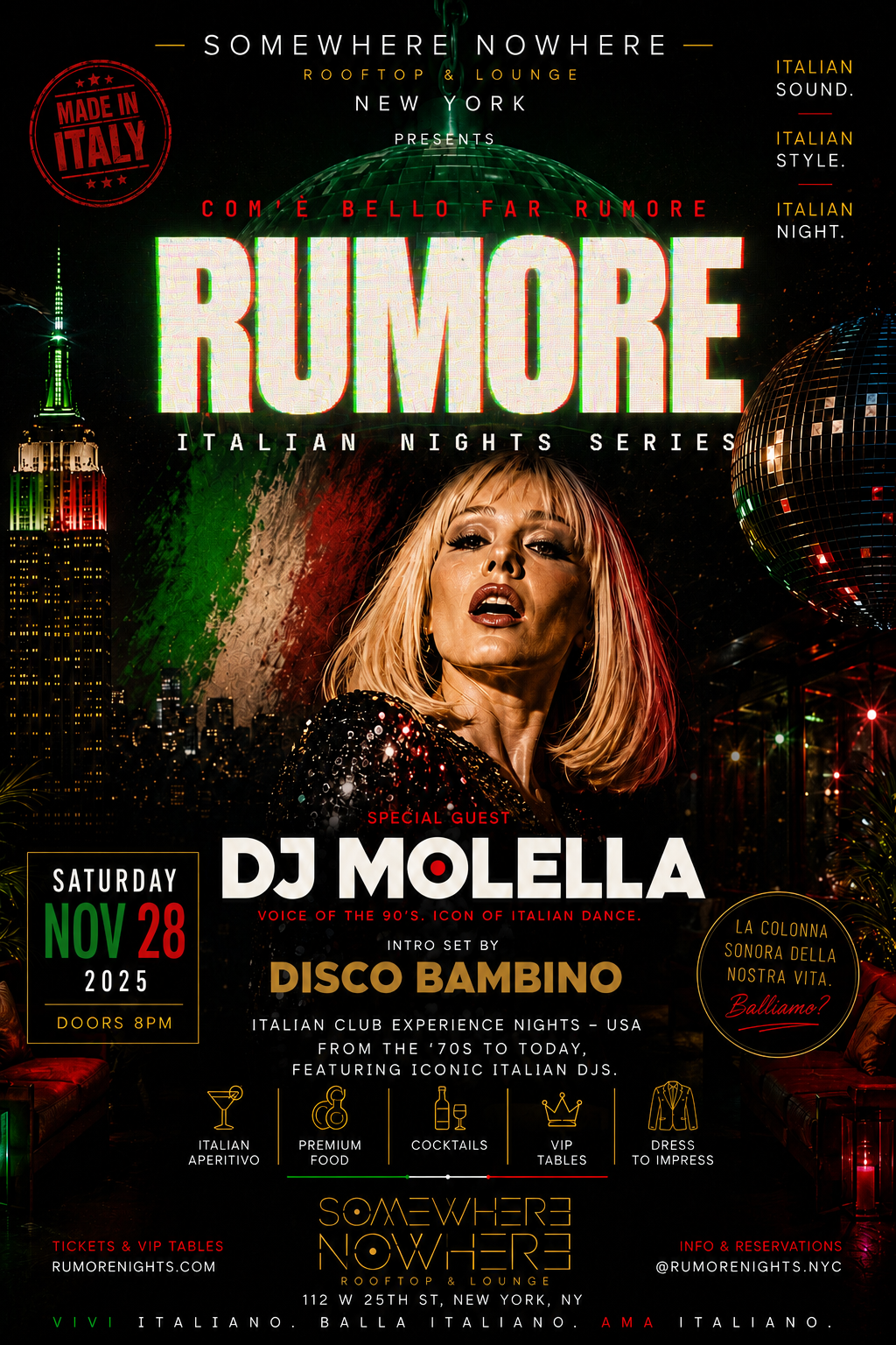 Rumore Nights New York City flyer — DJ Molella at Somewhere Nowhere rooftop, Nov 28 2026