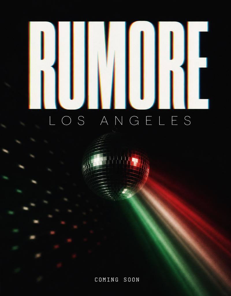 Rumore Nights Los Angeles flyer — disco ball with tricolore stripes